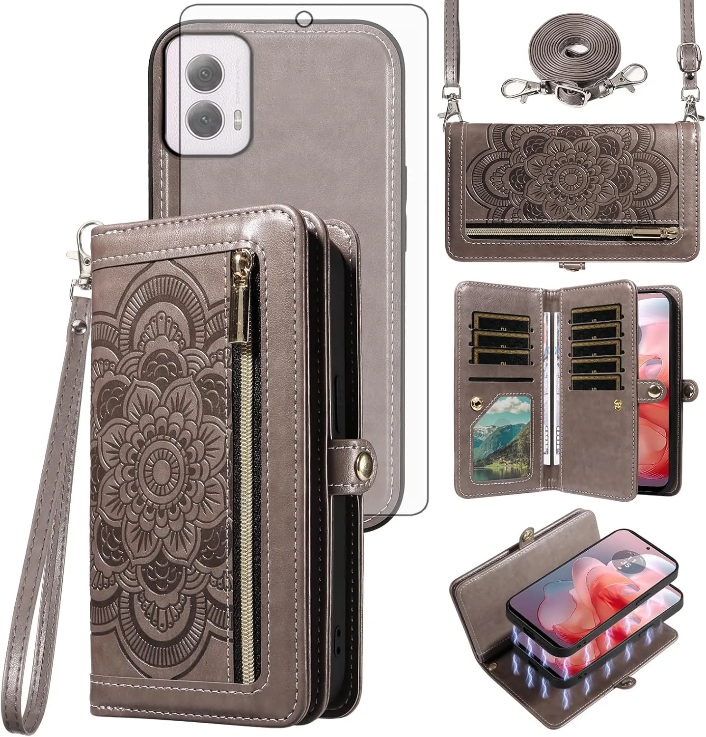 Asuwish Phone Case for Motorola Moto G Power 5G 2024 Zipper Wallet Magnetic Detachable Cell Cover with Tempered Glass Screen Protector Crossbody Lanyard Strap Mandala Flower Card Holder G5 Women Gray
