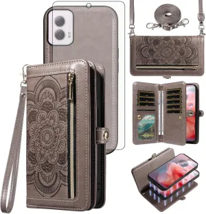 Asuwish Phone Case for Motorola Moto G Power 5G 2024 Zipper Wallet Magnetic Detachable Cell Cover with Tempered Glass Screen Protector Crossbody Lanyard Strap Mandala Flower Card Holder G5 Women Gray