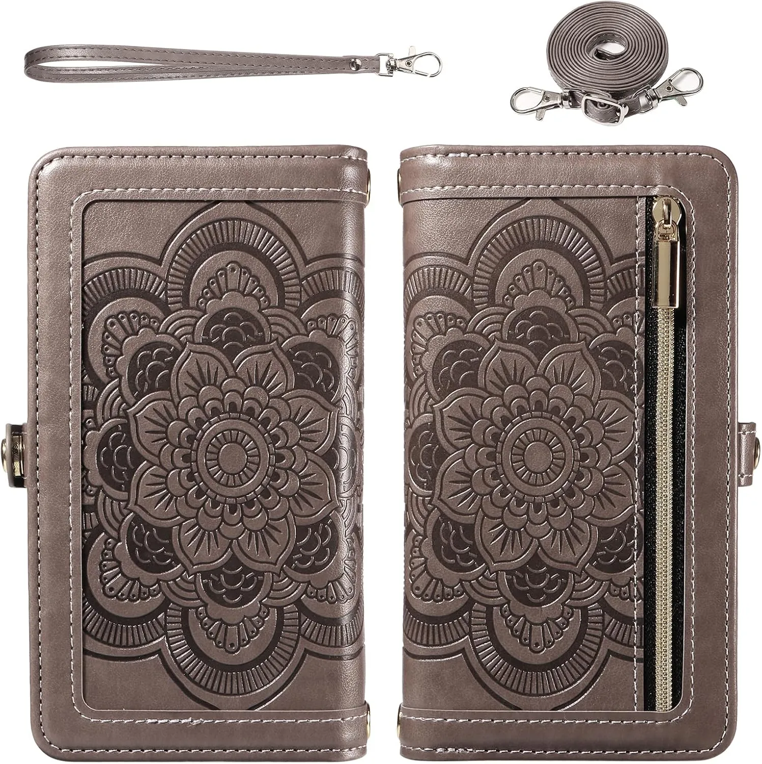 Asuwish Phone Case for Motorola Moto G Power 5G 2024 Zipper Wallet Magnetic Detachable Cell Cover with Tempered Glass Screen Protector Crossbody Lanyard Strap Mandala Flower Card Holder G5 Women Gray