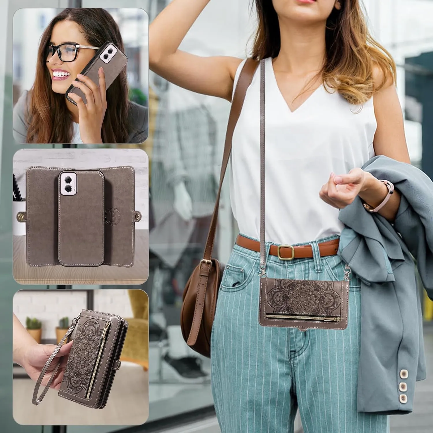 Asuwish Phone Case for Motorola Moto G Power 5G 2024 Zipper Wallet Magnetic Detachable Cell Cover with Tempered Glass Screen Protector Crossbody Lanyard Strap Mandala Flower Card Holder G5 Women Gray