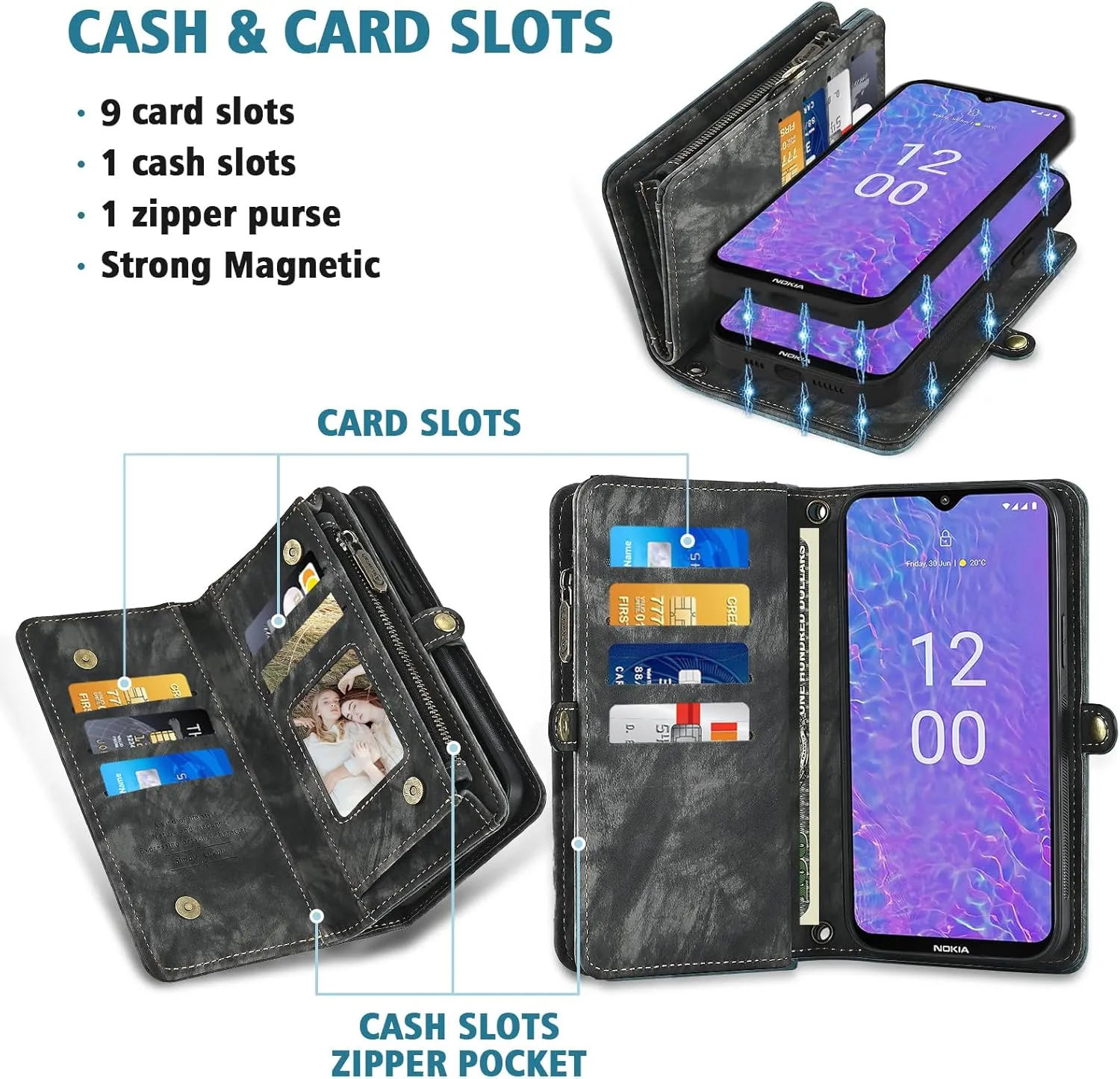Asuwish Phone Case for Nokia C210 TA-1584 Zipper Wallet Magnetic Detachable Cell Cover with Tempered Glass Screen Protector Crossbody Lanyard Strap Flip Card Holder Slot C 210 Women Men Girls Black