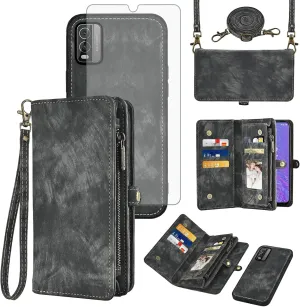 Asuwish Phone Case for Nokia C210 TA-1584 Zipper Wallet Magnetic Detachable Cell Cover with Tempered Glass Screen Protector Crossbody Lanyard Strap Flip Card Holder Slot C 210 Women Men Girls Black