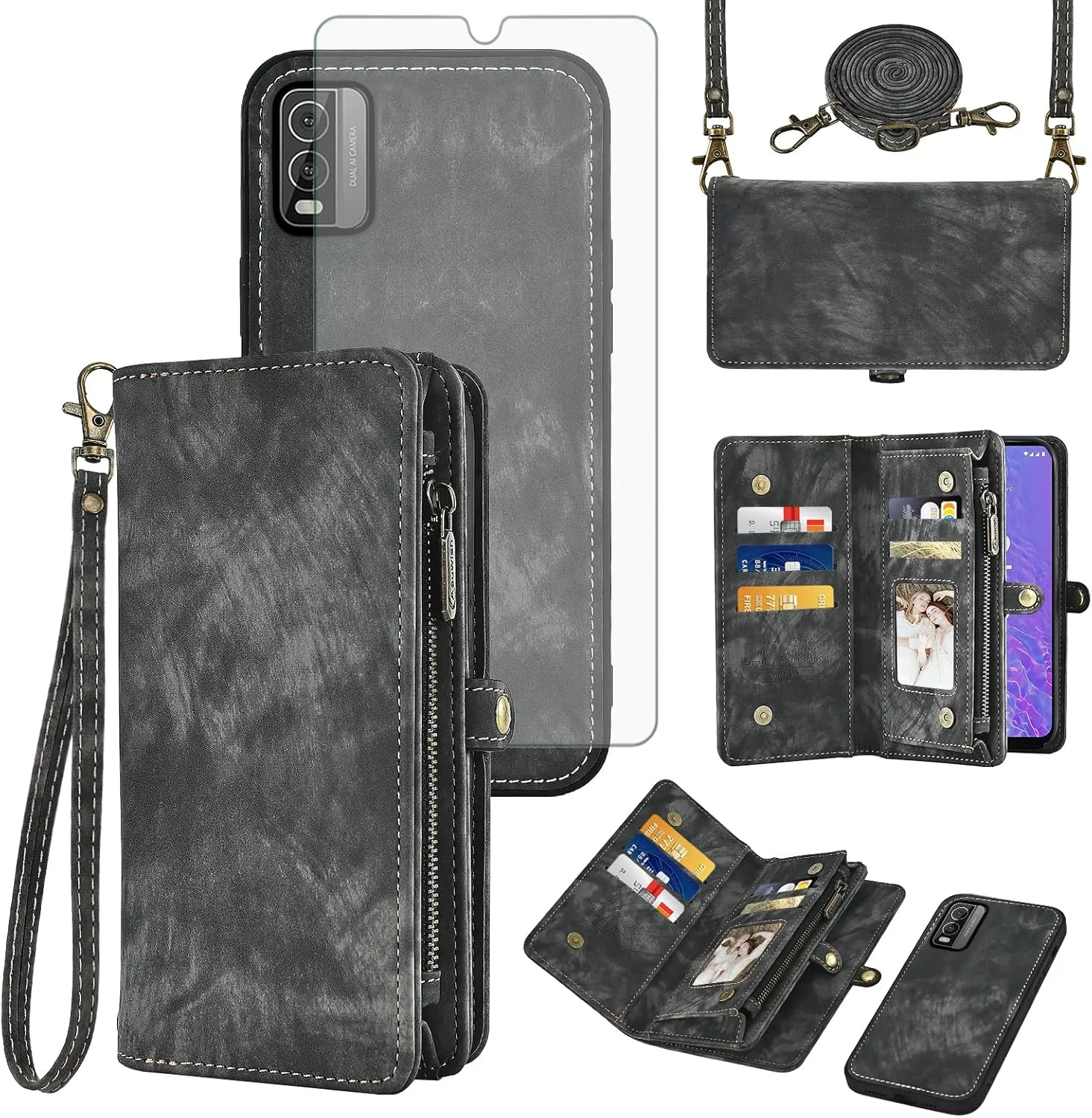 Asuwish Phone Case for Nokia C210 TA-1584 Zipper Wallet Magnetic Detachable Cell Cover with Tempered Glass Screen Protector Crossbody Lanyard Strap Flip Card Holder Slot C 210 Women Men Girls Black