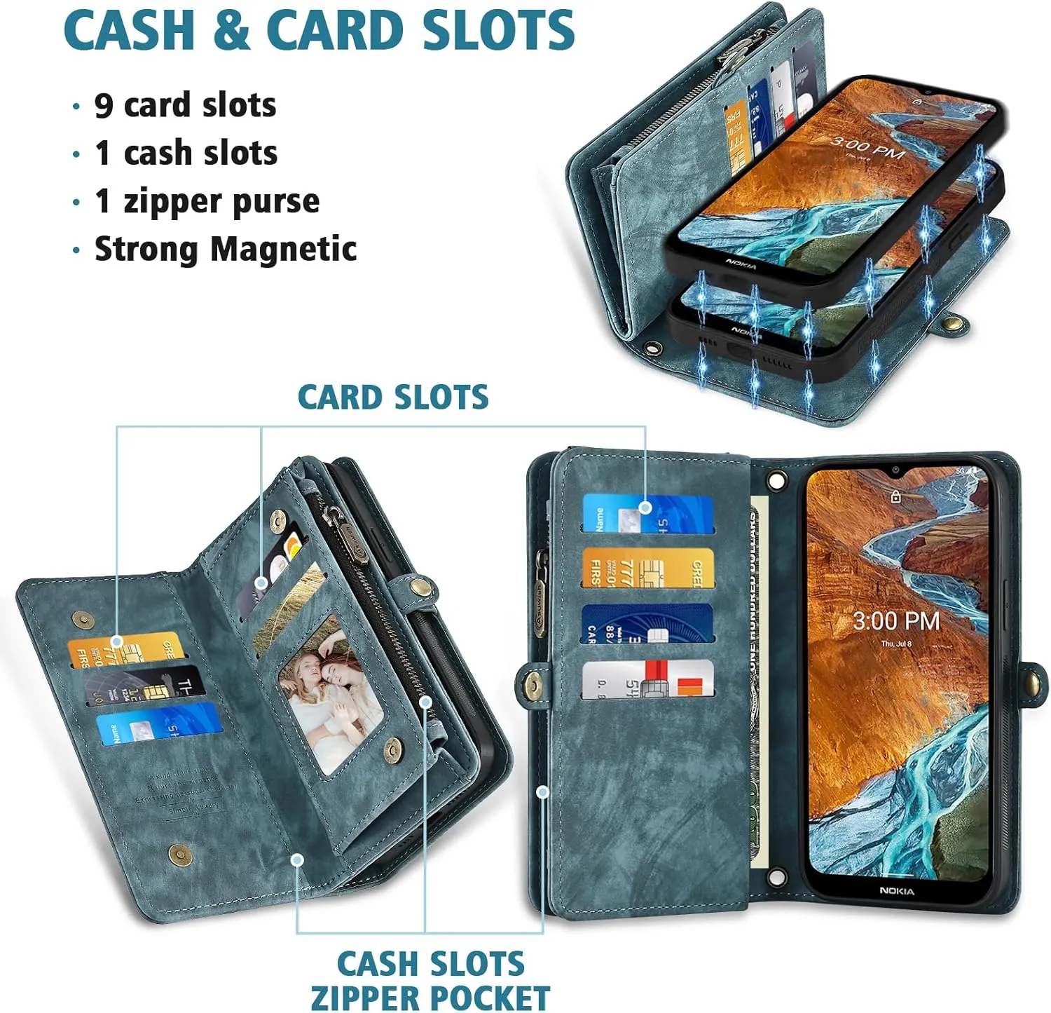 Asuwish Phone Case for Nokia G300 5G N1374DL Zipper Wallet Magnetic Detachable Cell Cover with Tempered Glass Screen Protector Crossbody Strap Flip Card Holder NokiaG300 G 300 300G 2021 Women Men Blue