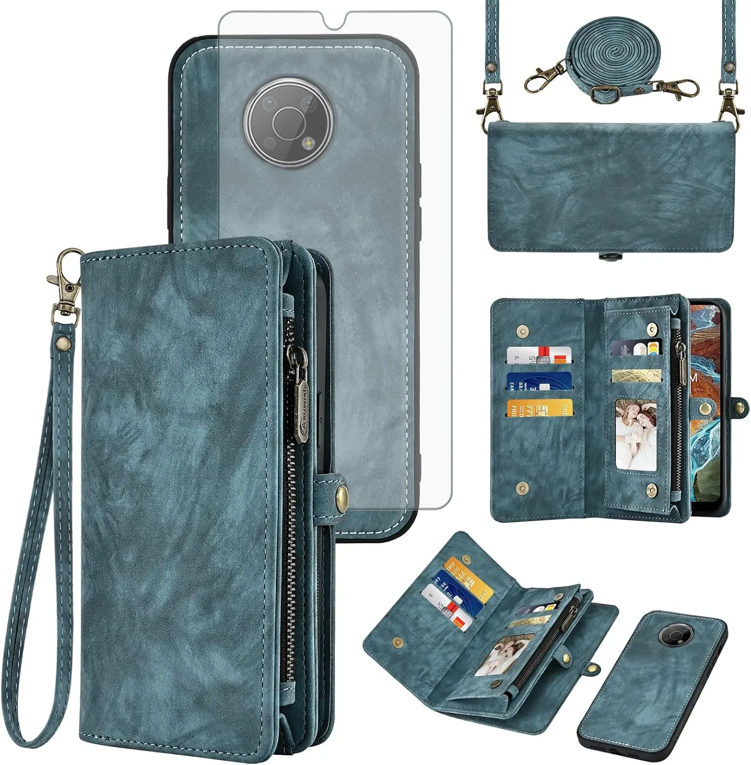 Asuwish Phone Case for Nokia G300 5G N1374DL Zipper Wallet Magnetic Detachable Cell Cover with Tempered Glass Screen Protector Crossbody Strap Flip Card Holder NokiaG300 G 300 300G 2021 Women Men Blue