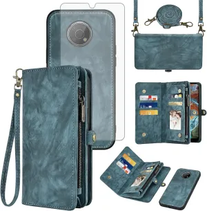 Asuwish Phone Case for Nokia G300 5G N1374DL Zipper Wallet Magnetic Detachable Cell Cover with Tempered Glass Screen Protector Crossbody Strap Flip Card Holder NokiaG300 G 300 300G 2021 Women Men Blue