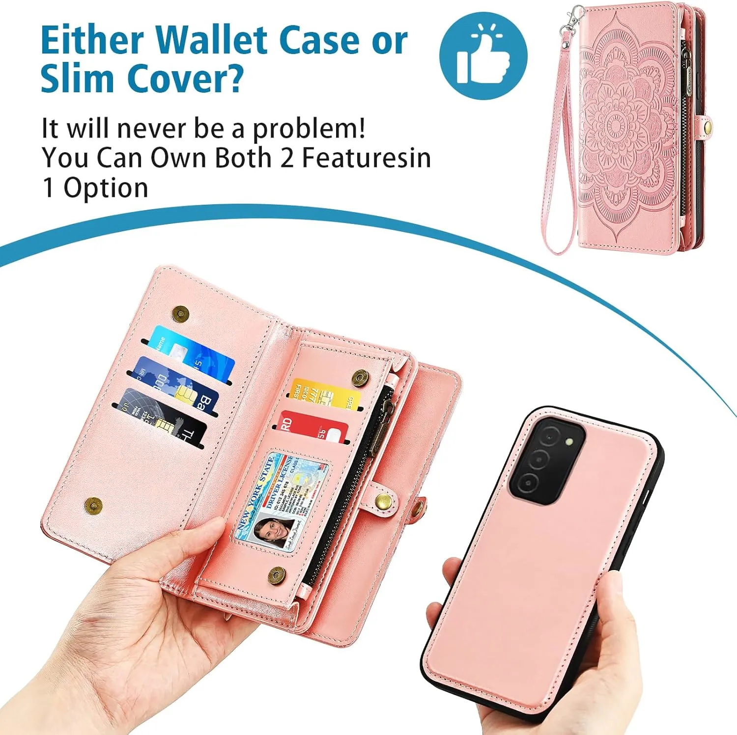 Asuwish Phone Case for Samsung Galaxy A03s US Version 5G 2022 Zipper Wallet Cell Cover with Tempered Glass Screen Protector Strap Flower Card Holder Ao3s A 03s SM-A037U SM A037U Women Girls Rose Gold