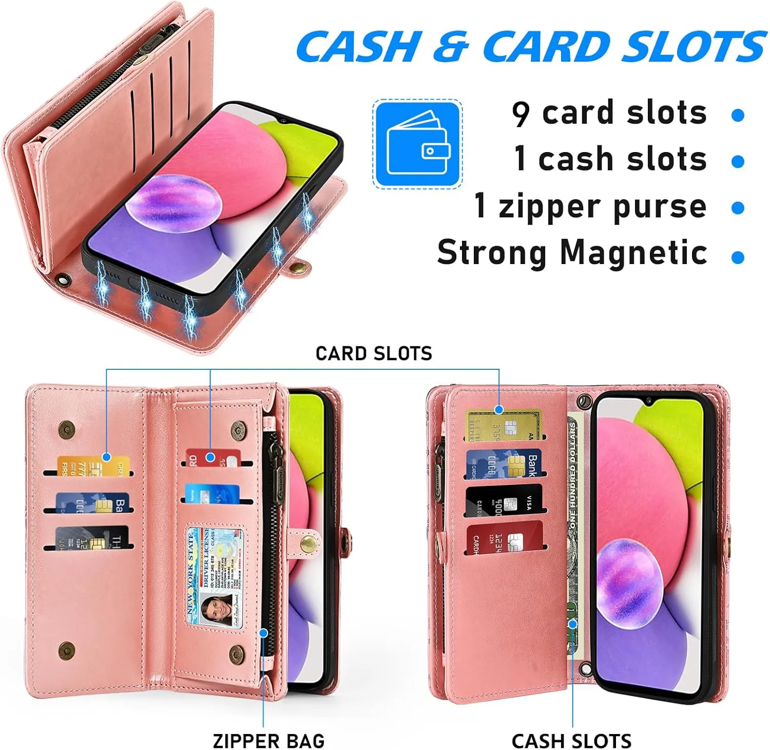 Asuwish Phone Case for Samsung Galaxy A03s US Version 5G 2022 Zipper Wallet Cell Cover with Tempered Glass Screen Protector Strap Flower Card Holder Ao3s A 03s SM-A037U SM A037U Women Girls Rose Gold
