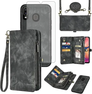 Asuwish Phone Case for Samsung Galaxy A20 A30 Zipper Wallet Magnetic Detachable Cell Cover with Tempered Glass Screen Protector Crossbody Strap Flip Card Holder Slot M10s A 30 20A SM A205G Women Black