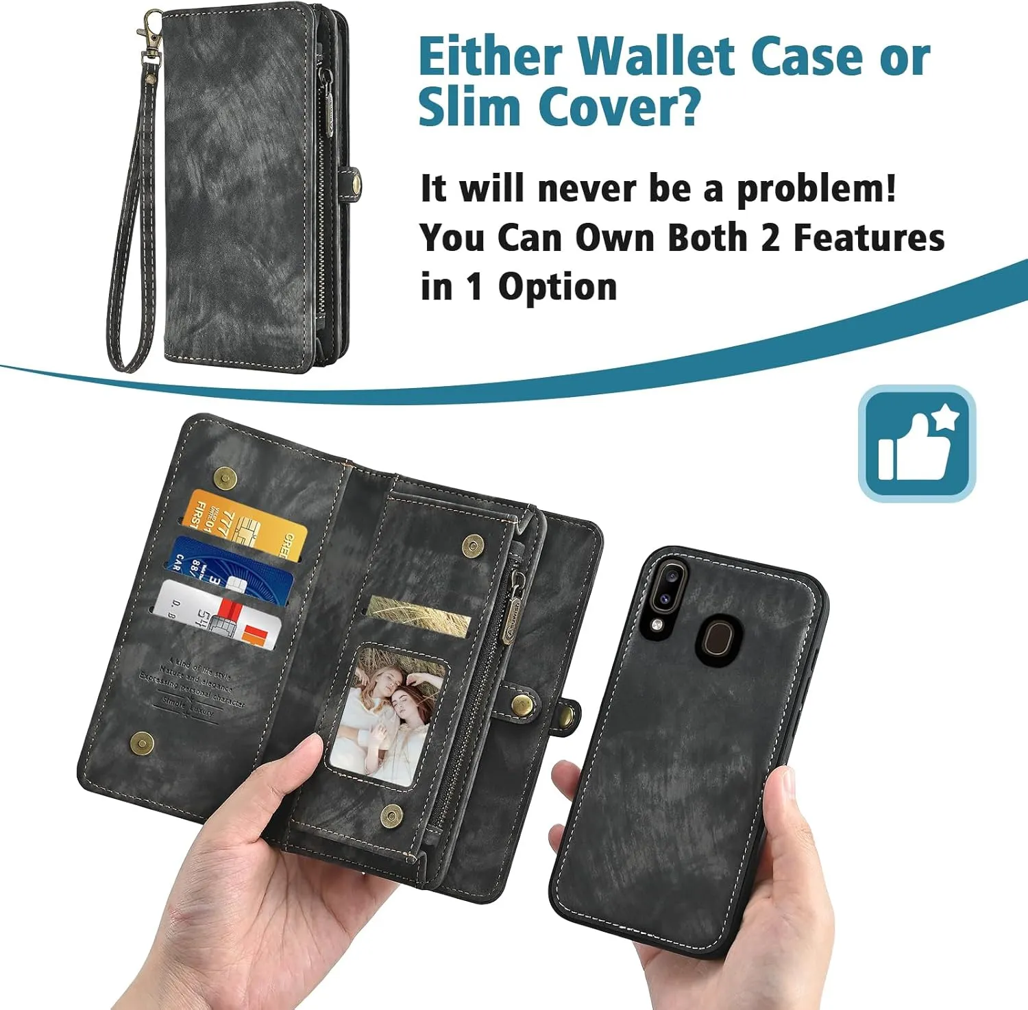 Asuwish Phone Case for Samsung Galaxy A20 A30 Zipper Wallet Magnetic Detachable Cell Cover with Tempered Glass Screen Protector Crossbody Strap Flip Card Holder Slot M10s A 30 20A SM A205G Women Black