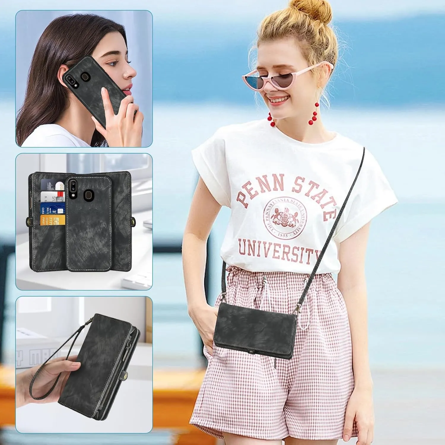 Asuwish Phone Case for Samsung Galaxy A20 A30 Zipper Wallet Magnetic Detachable Cell Cover with Tempered Glass Screen Protector Crossbody Strap Flip Card Holder Slot M10s A 30 20A SM A205G Women Black