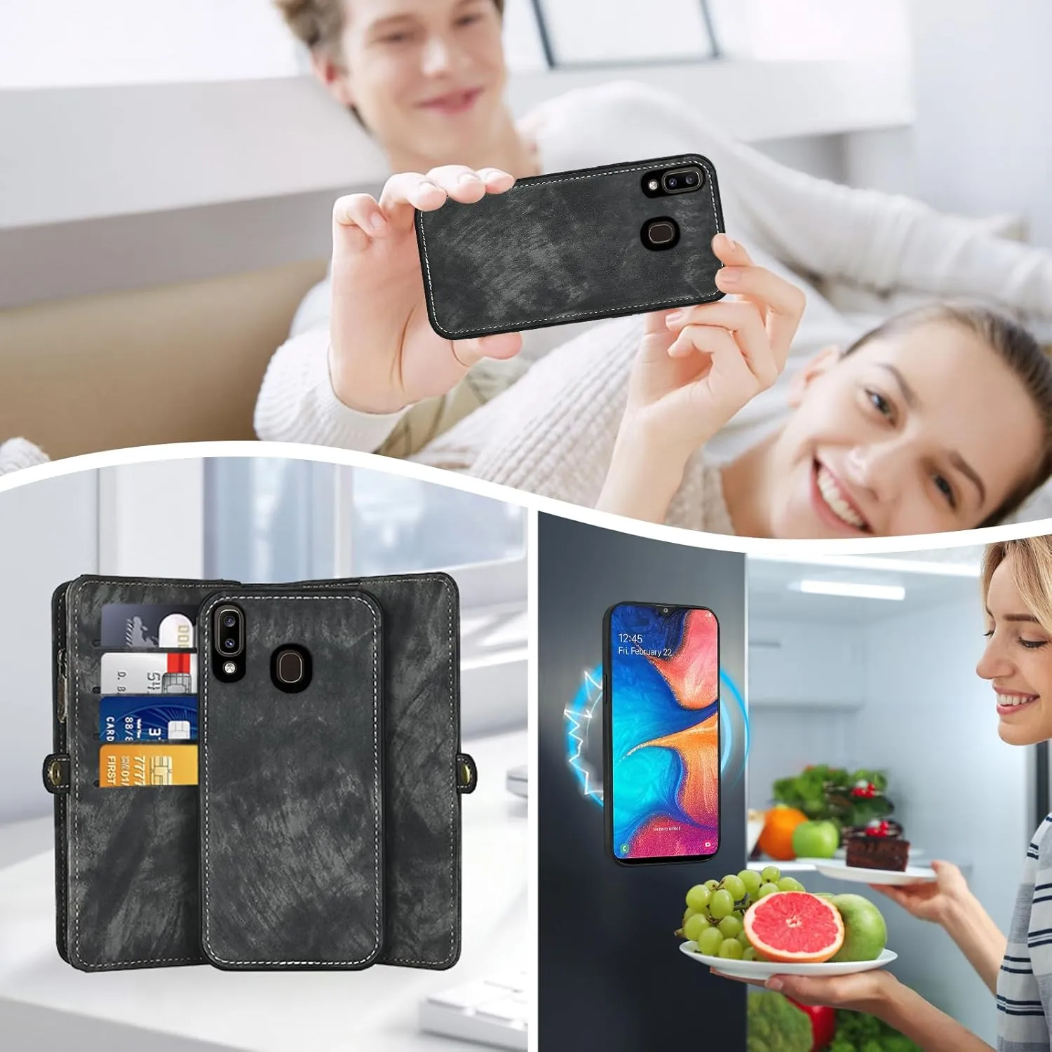 Asuwish Phone Case for Samsung Galaxy A20 A30 Zipper Wallet Magnetic Detachable Cell Cover with Tempered Glass Screen Protector Crossbody Strap Flip Card Holder Slot M10s A 30 20A SM A205G Women Black