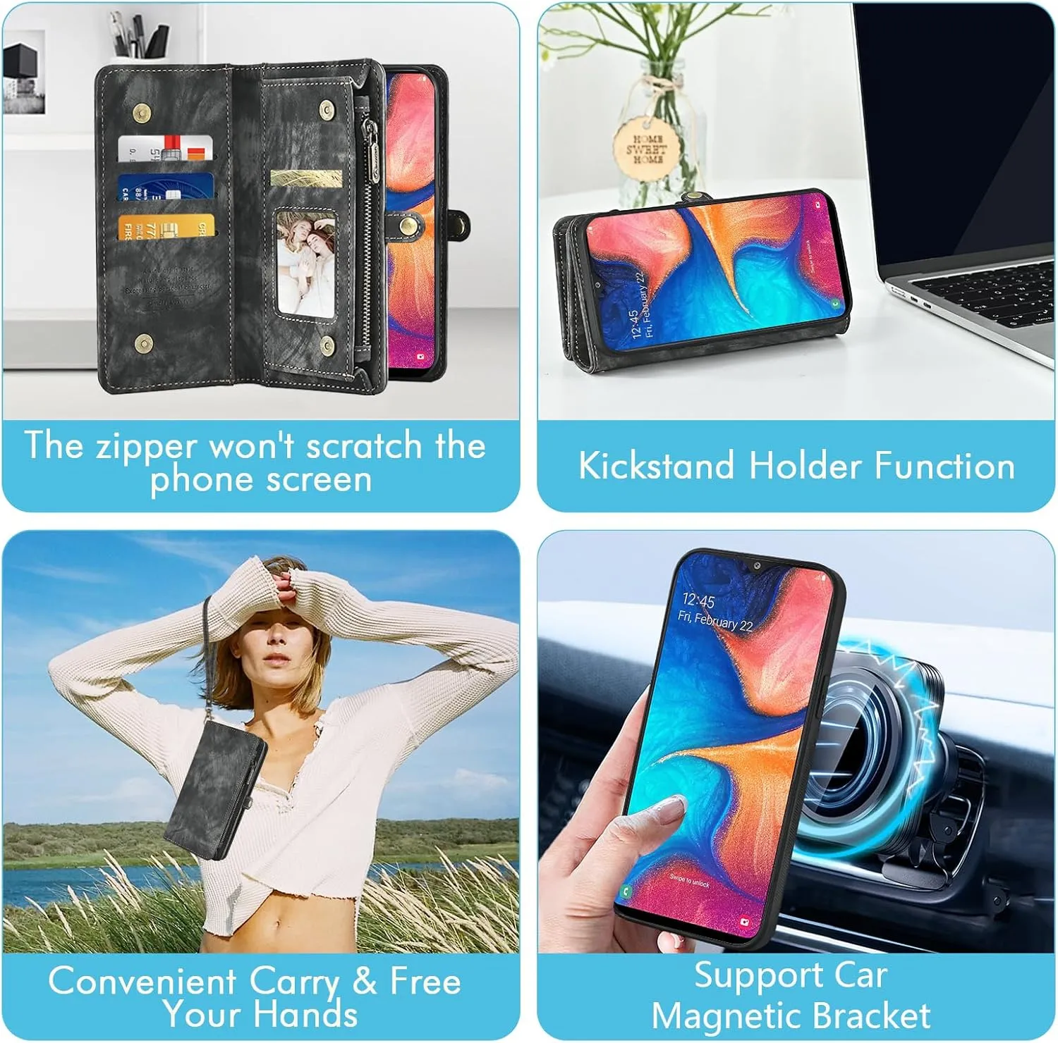 Asuwish Phone Case for Samsung Galaxy A20 A30 Zipper Wallet Magnetic Detachable Cell Cover with Tempered Glass Screen Protector Crossbody Strap Flip Card Holder Slot M10s A 30 20A SM A205G Women Black