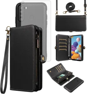 Asuwish Phone Case for Samsung Galaxy A21 Zipper Wallet Detachable Cell Cover with Tempered Glass Screen Protector Crossbody Lanyard Strap Flip Card Holder Slot 21A 2020 Women Men Girls Black
