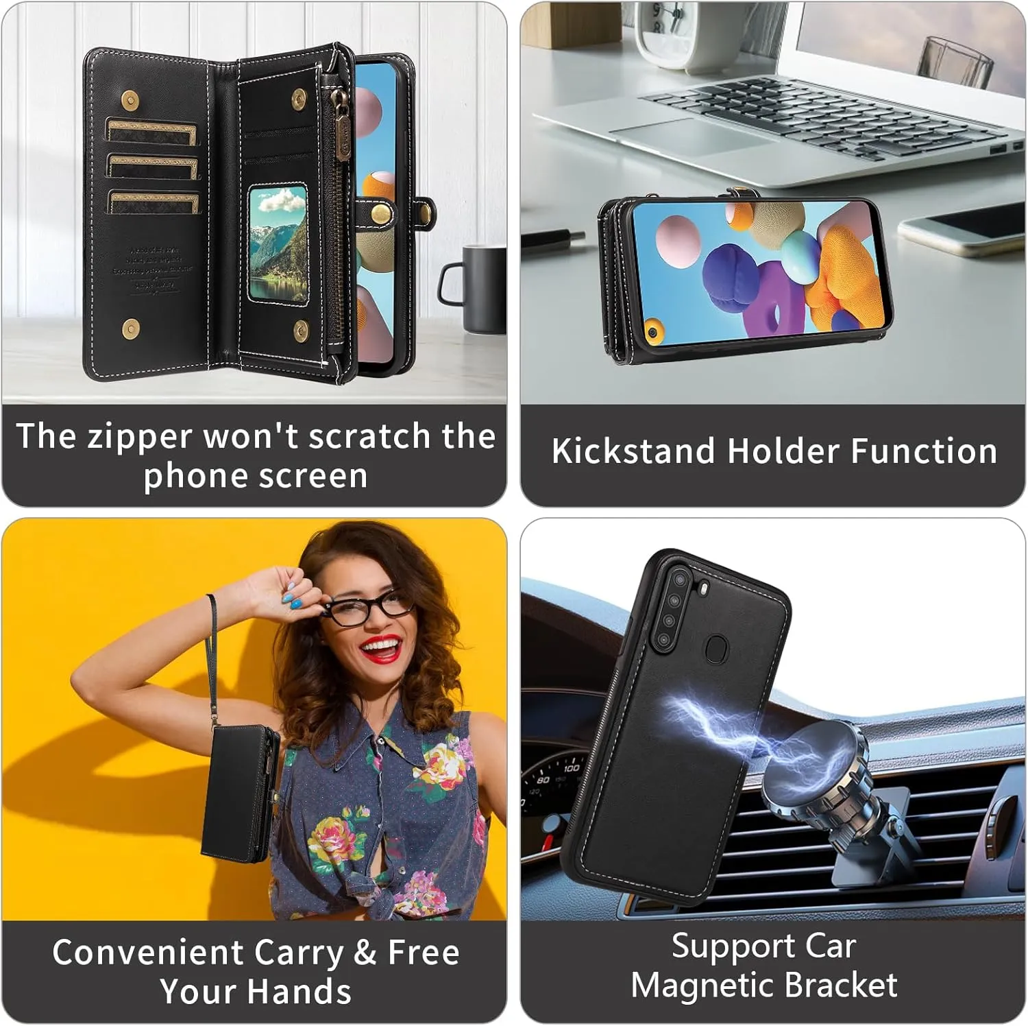 Asuwish Phone Case for Samsung Galaxy A21 Zipper Wallet Detachable Cell Cover with Tempered Glass Screen Protector Crossbody Lanyard Strap Flip Card Holder Slot 21A 2020 Women Men Girls Black