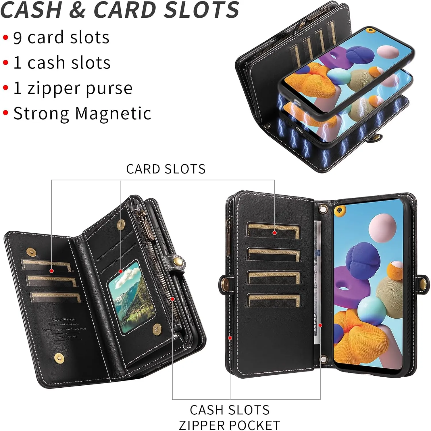 Asuwish Phone Case for Samsung Galaxy A21 Zipper Wallet Detachable Cell Cover with Tempered Glass Screen Protector Crossbody Lanyard Strap Flip Card Holder Slot 21A 2020 Women Men Girls Black