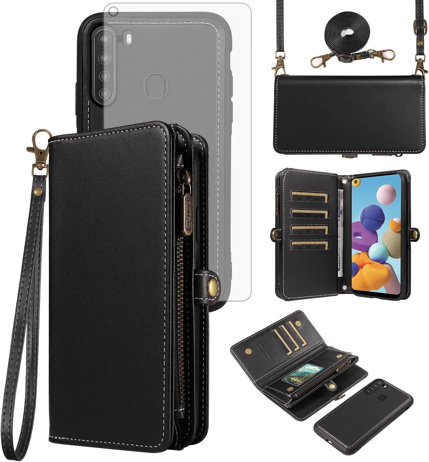 Asuwish Phone Case for Samsung Galaxy A21 Zipper Wallet Detachable Cell Cover with Tempered Glass Screen Protector Crossbody Lanyard Strap Flip Card Holder Slot 21A 2020 Women Men Girls Black