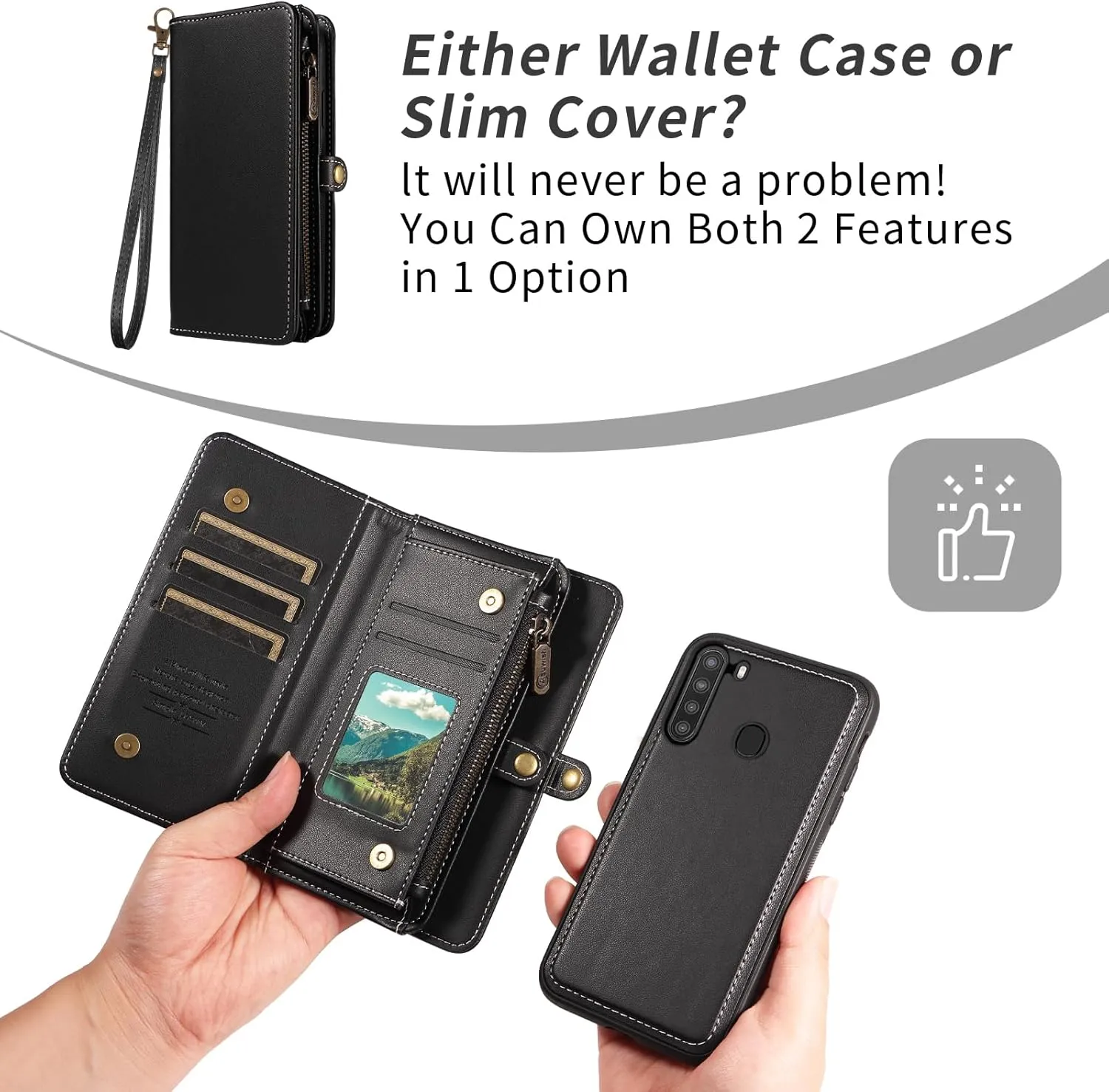 Asuwish Phone Case for Samsung Galaxy A21 Zipper Wallet Detachable Cell Cover with Tempered Glass Screen Protector Crossbody Lanyard Strap Flip Card Holder Slot 21A 2020 Women Men Girls Black