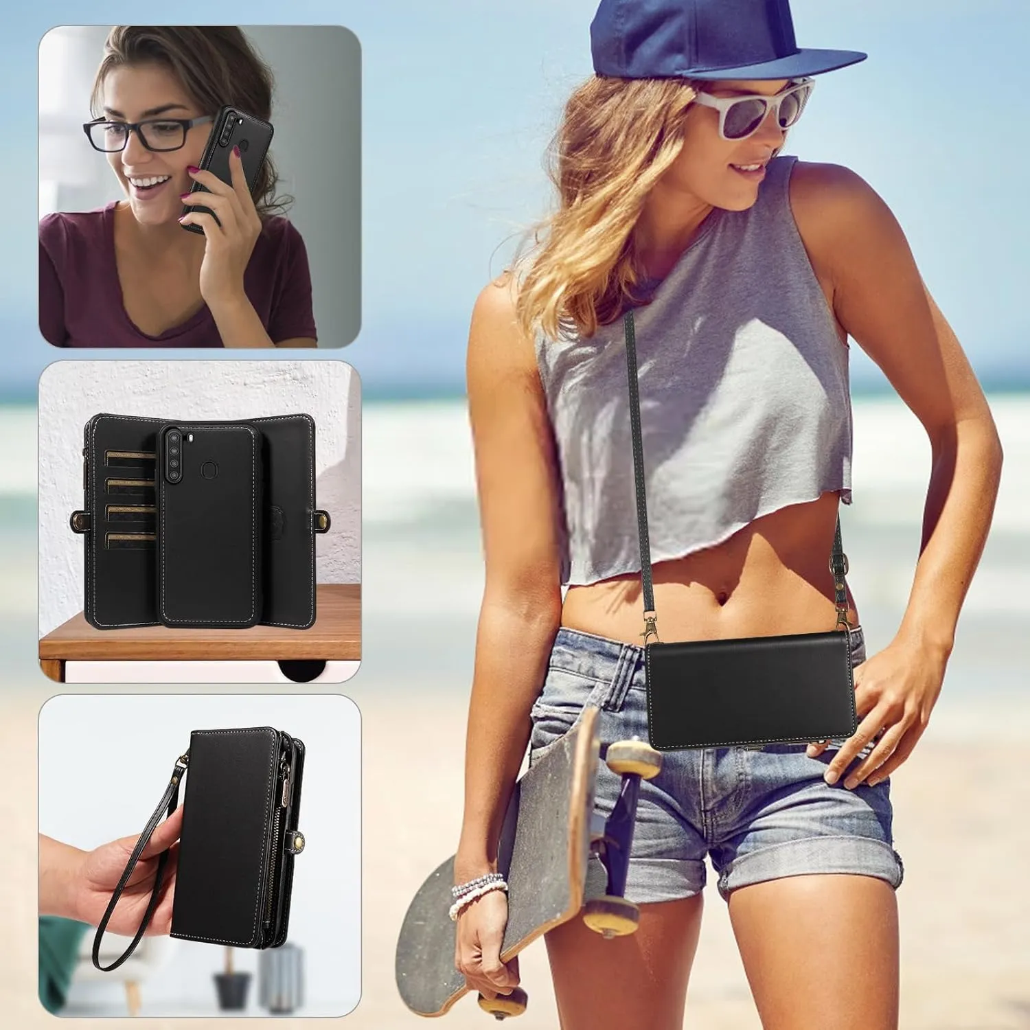 Asuwish Phone Case for Samsung Galaxy A21 Zipper Wallet Detachable Cell Cover with Tempered Glass Screen Protector Crossbody Lanyard Strap Flip Card Holder Slot 21A 2020 Women Men Girls Black