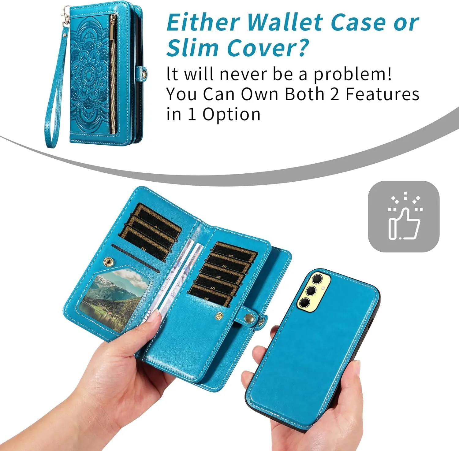 Asuwish Phone Case for Samsung Galaxy A35 5G Zipper Wallet Magnetic Detachable Cell Cover with Tempered Glass Screen Protector Crossbody Strap Mandala Flower Card Holder Slot A 35 35A A355G Women Blue