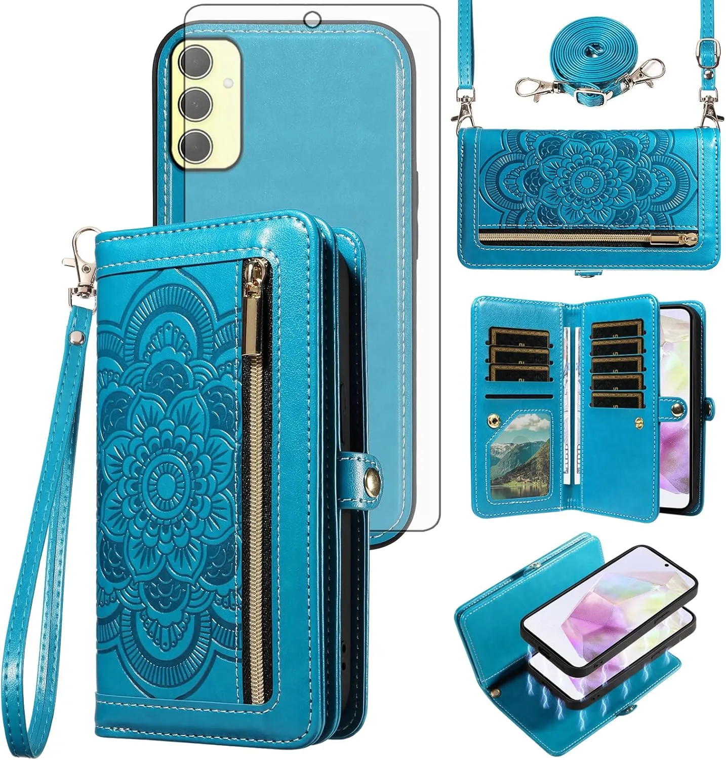 Asuwish Phone Case for Samsung Galaxy A35 5G Zipper Wallet Magnetic Detachable Cell Cover with Tempered Glass Screen Protector Crossbody Strap Mandala Flower Card Holder Slot A 35 35A A355G Women Blue