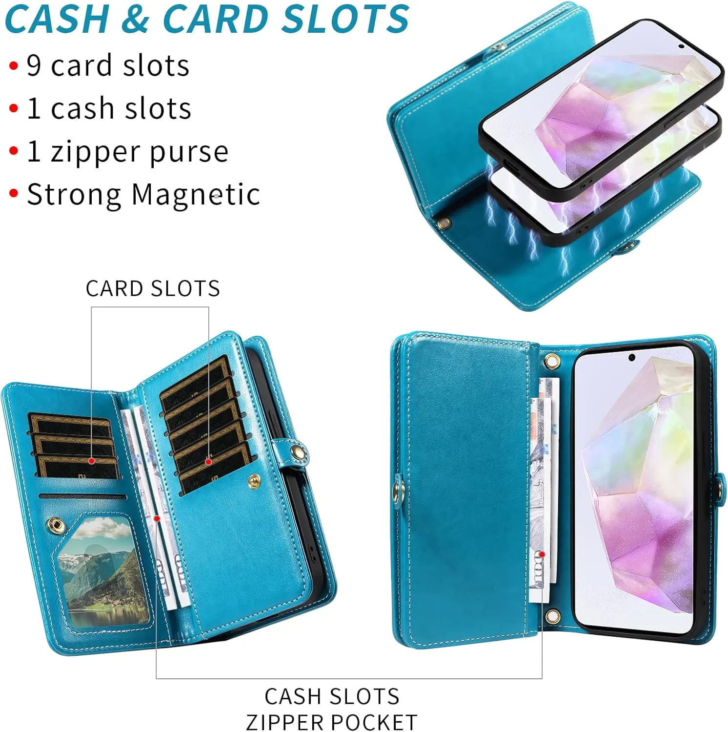 Asuwish Phone Case for Samsung Galaxy A35 5G Zipper Wallet Magnetic Detachable Cell Cover with Tempered Glass Screen Protector Crossbody Strap Mandala Flower Card Holder Slot A 35 35A A355G Women Blue