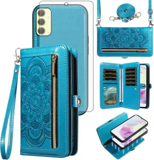 Asuwish Phone Case for Samsung Galaxy A35 5G Zipper Wallet Magnetic Detachable Cell Cover with Tempered Glass Screen Protector Crossbody Strap Mandala Flower Card Holder Slot A 35 35A A355G Women Blue