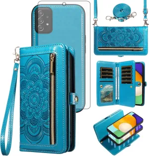 Asuwish Phone Case for Samsung Galaxy A52/A52S 5G Zipper Wallet Detachable Cell Cover with Tempered Glass Screen Protector Crossbody Strap Flower Credit Card Holder A 52 S 4G G5 52A S52 52S Women Blue