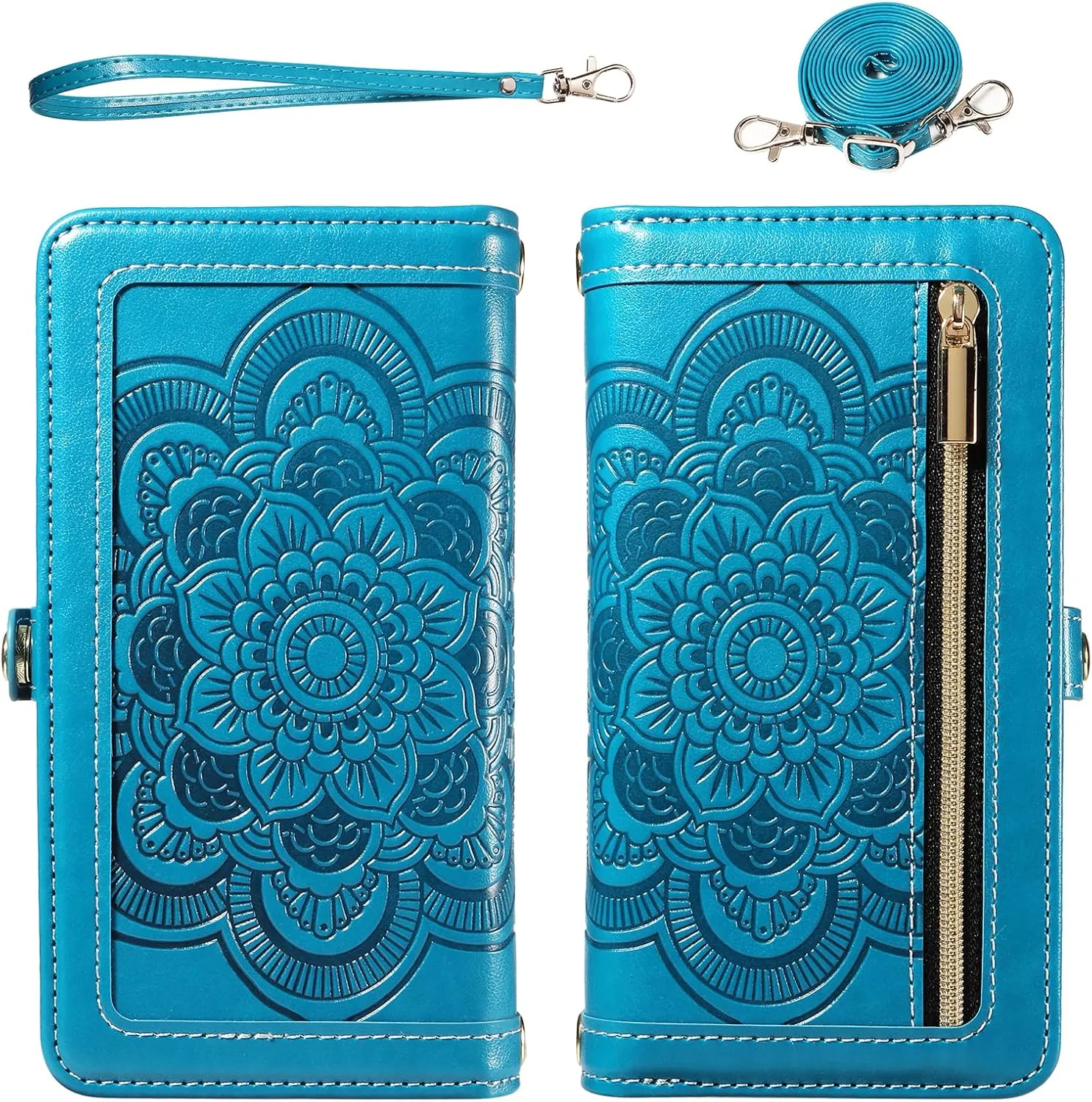 Asuwish Phone Case for Samsung Galaxy A52/A52S 5G Zipper Wallet Detachable Cell Cover with Tempered Glass Screen Protector Crossbody Strap Flower Credit Card Holder A 52 S 4G G5 52A S52 52S Women Blue