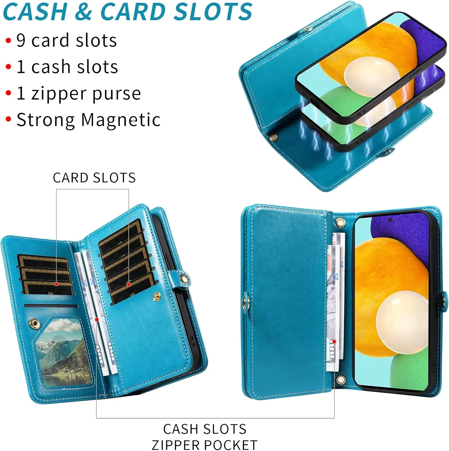 Asuwish Phone Case for Samsung Galaxy A52/A52S 5G Zipper Wallet Detachable Cell Cover with Tempered Glass Screen Protector Crossbody Strap Flower Credit Card Holder A 52 S 4G G5 52A S52 52S Women Blue