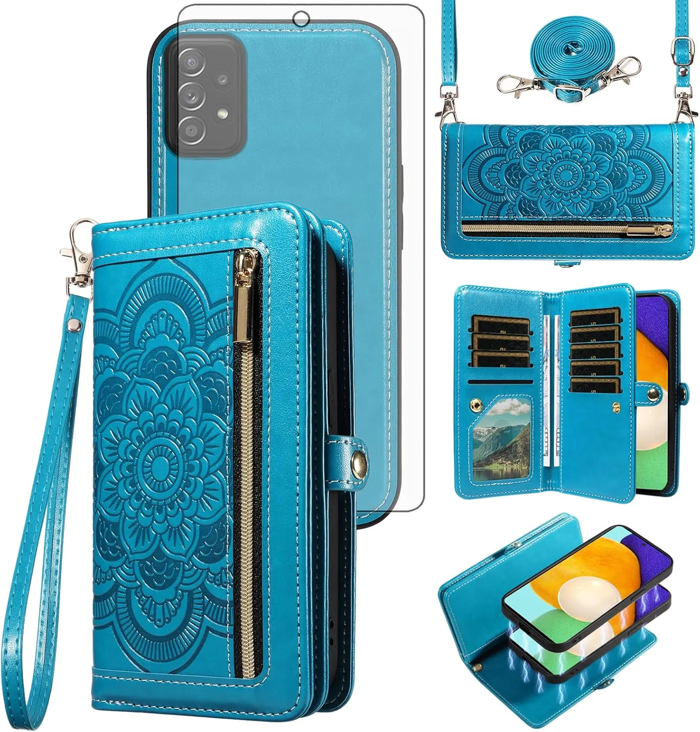 Asuwish Phone Case for Samsung Galaxy A52/A52S 5G Zipper Wallet Detachable Cell Cover with Tempered Glass Screen Protector Crossbody Strap Flower Credit Card Holder A 52 S 4G G5 52A S52 52S Women Blue