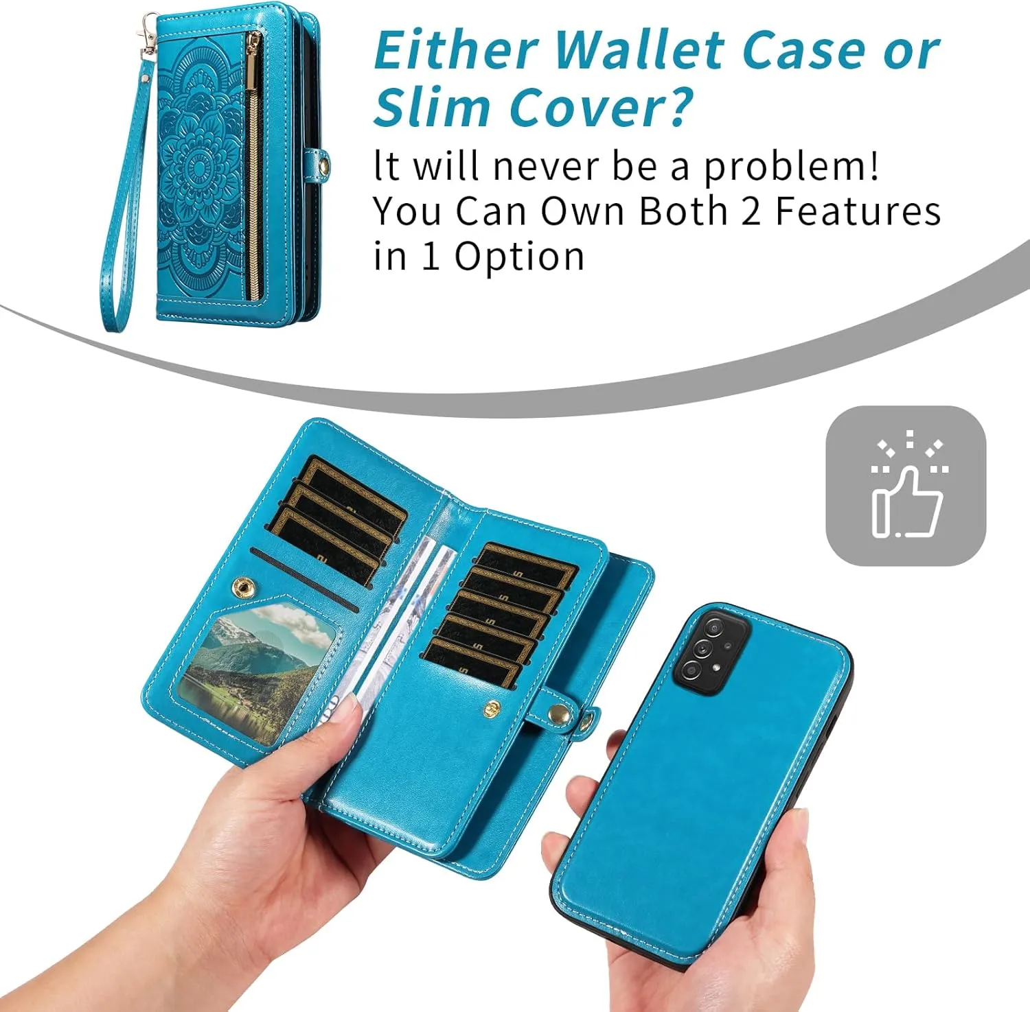 Asuwish Phone Case for Samsung Galaxy A52/A52S 5G Zipper Wallet Detachable Cell Cover with Tempered Glass Screen Protector Crossbody Strap Flower Credit Card Holder A 52 S 4G G5 52A S52 52S Women Blue