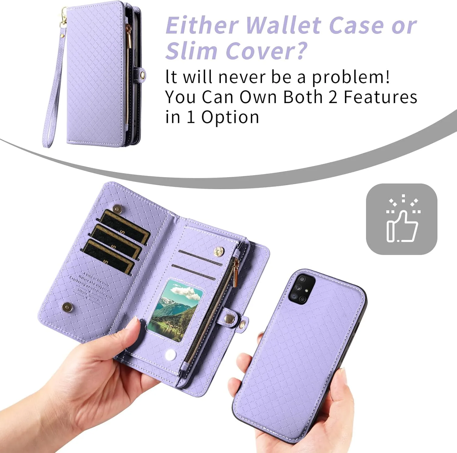 Asuwish Phone Case for Samsung Galaxy A71 5G Zipper Wallet Detachable Cell Cover with Tempered Glass Screen Protector Crossbody Lanyard Strap Flip Card Holder Slot A 71 G5 71A S71 Women Girls Purple