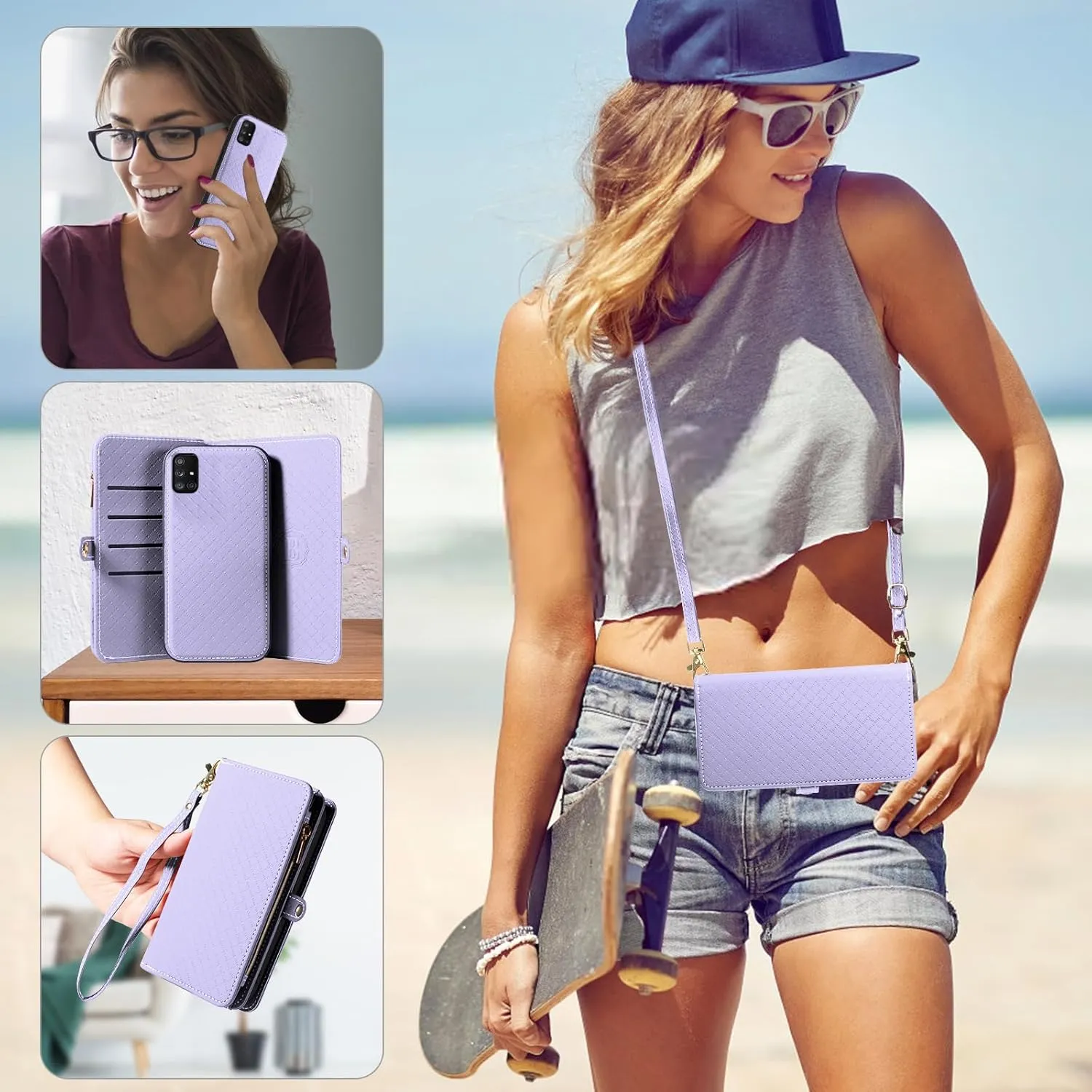 Asuwish Phone Case for Samsung Galaxy A71 5G Zipper Wallet Detachable Cell Cover with Tempered Glass Screen Protector Crossbody Lanyard Strap Flip Card Holder Slot A 71 G5 71A S71 Women Girls Purple