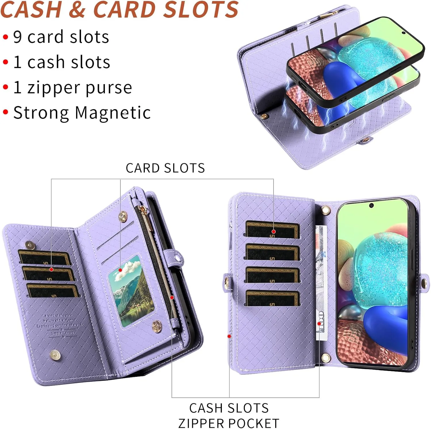 Asuwish Phone Case for Samsung Galaxy A71 5G Zipper Wallet Detachable Cell Cover with Tempered Glass Screen Protector Crossbody Lanyard Strap Flip Card Holder Slot A 71 G5 71A S71 Women Girls Purple