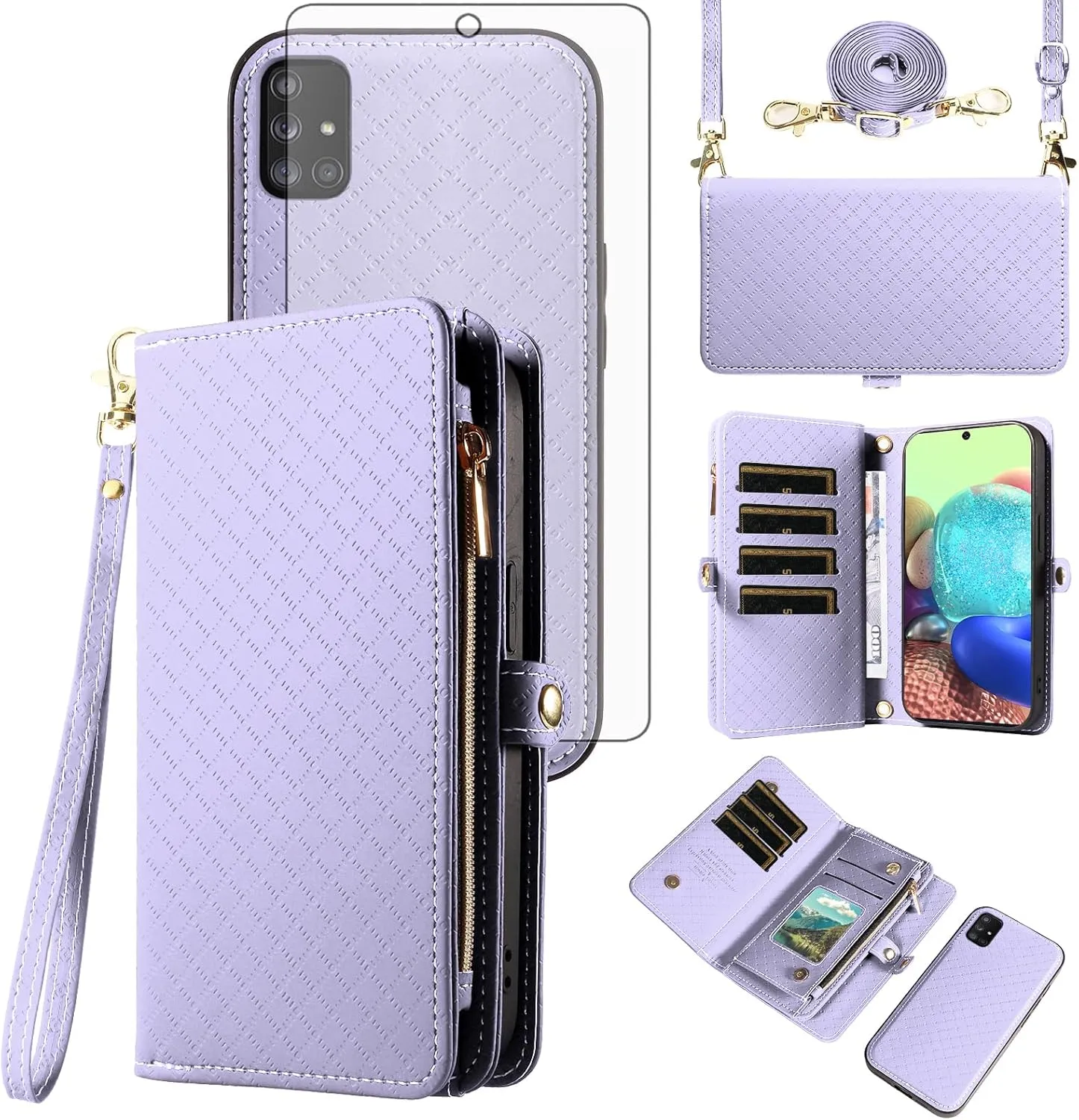 Asuwish Phone Case for Samsung Galaxy A71 5G Zipper Wallet Detachable Cell Cover with Tempered Glass Screen Protector Crossbody Lanyard Strap Flip Card Holder Slot A 71 G5 71A S71 Women Girls Purple