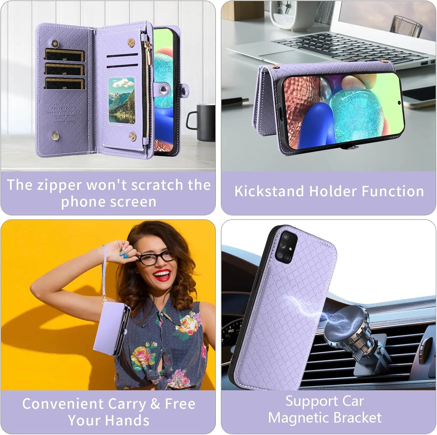 Asuwish Phone Case for Samsung Galaxy A71 5G Zipper Wallet Detachable Cell Cover with Tempered Glass Screen Protector Crossbody Lanyard Strap Flip Card Holder Slot A 71 G5 71A S71 Women Girls Purple