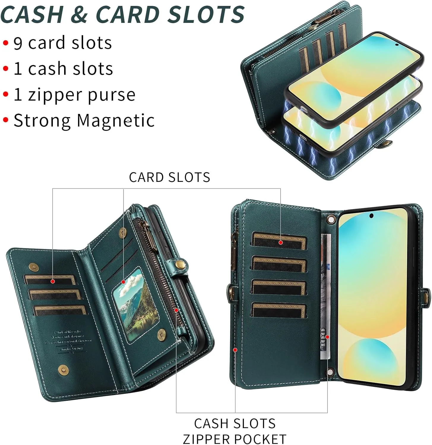 Asuwish Phone Case for Samsung Galaxy S24 FE 5G Zipper Wallet Detachable Cell Cover with Tempered Glass Screen Protector Crossbody Lanyard Strap Flip Card Holder Slot S 24 EF S24FE 24S Dark Green