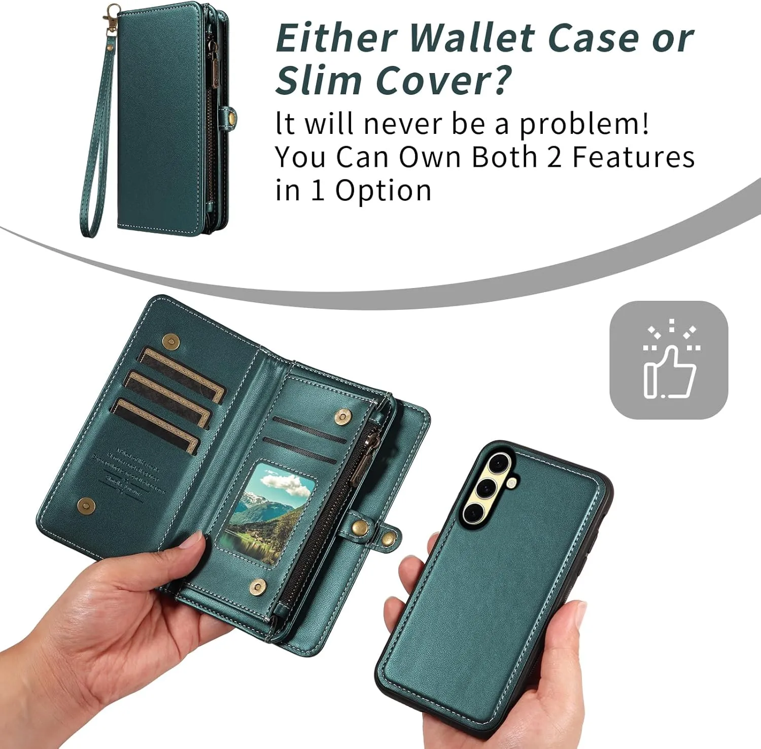 Asuwish Phone Case for Samsung Galaxy S24 FE 5G Zipper Wallet Detachable Cell Cover with Tempered Glass Screen Protector Crossbody Lanyard Strap Flip Card Holder Slot S 24 EF S24FE 24S Dark Green