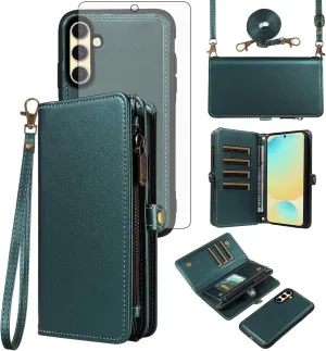 Asuwish Phone Case for Samsung Galaxy S24 FE 5G Zipper Wallet Detachable Cell Cover with Tempered Glass Screen Protector Crossbody Lanyard Strap Flip Card Holder Slot S 24 EF S24FE 24S Dark Green