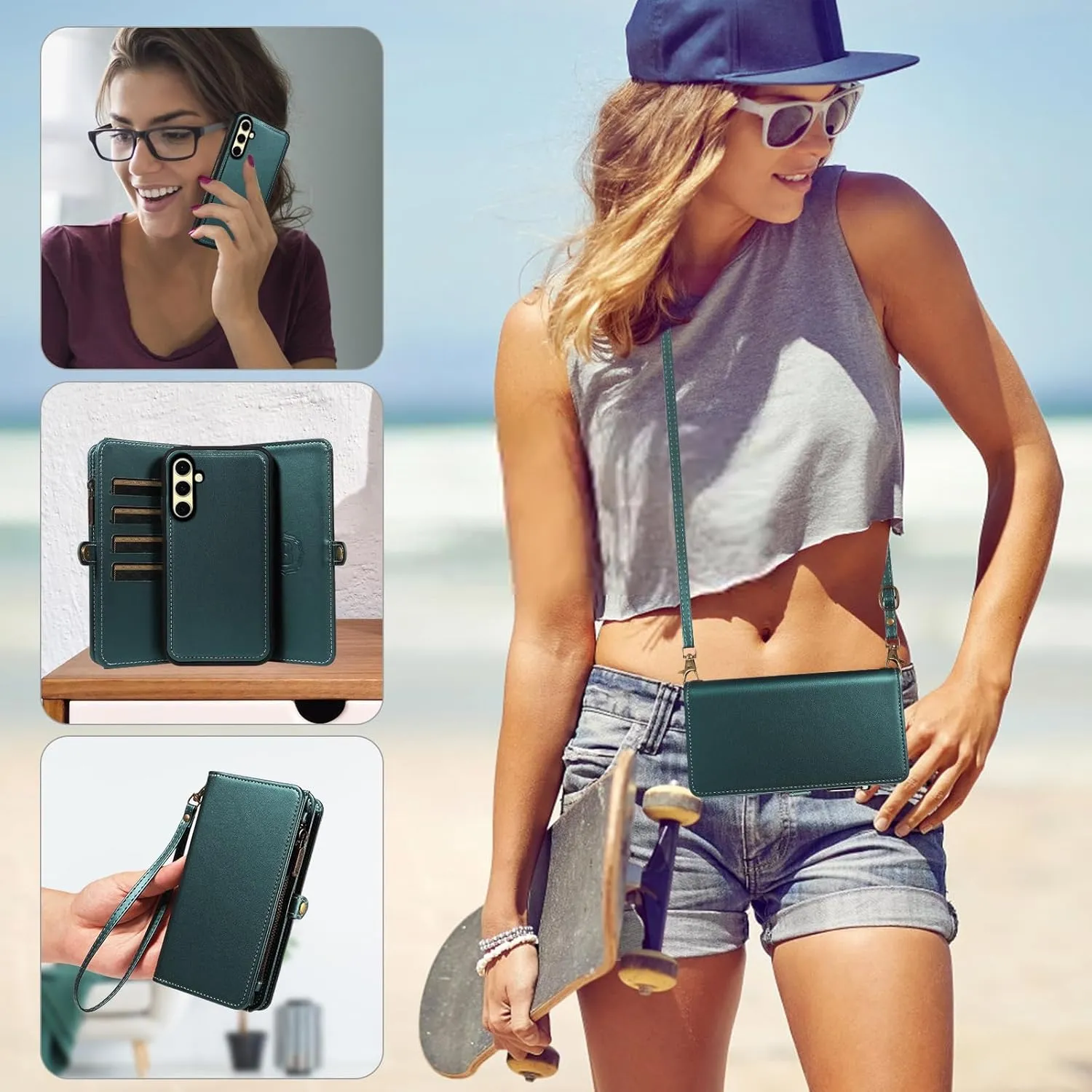 Asuwish Phone Case for Samsung Galaxy S24 FE 5G Zipper Wallet Detachable Cell Cover with Tempered Glass Screen Protector Crossbody Lanyard Strap Flip Card Holder Slot S 24 EF S24FE 24S Dark Green