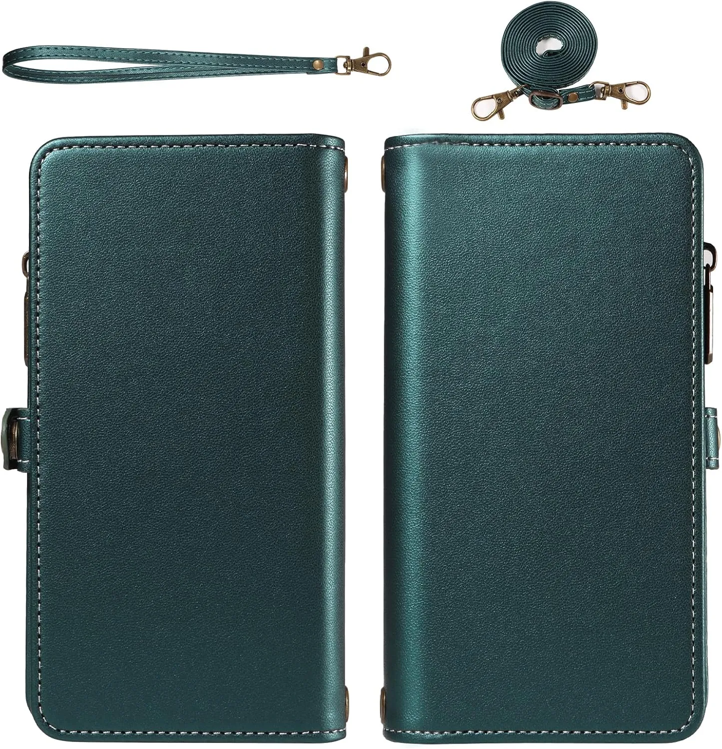 Asuwish Phone Case for Samsung Galaxy S24 FE 5G Zipper Wallet Detachable Cell Cover with Tempered Glass Screen Protector Crossbody Lanyard Strap Flip Card Holder Slot S 24 EF S24FE 24S Dark Green