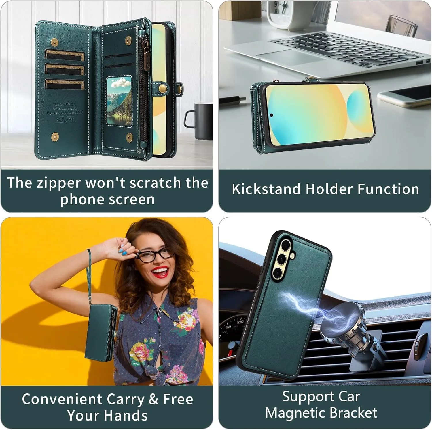 Asuwish Phone Case for Samsung Galaxy S24 FE 5G Zipper Wallet Detachable Cell Cover with Tempered Glass Screen Protector Crossbody Lanyard Strap Flip Card Holder Slot S 24 EF S24FE 24S Dark Green