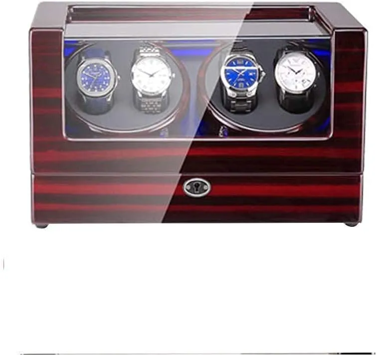 Automatic Watch Winder Box 4 with LED Light in Wood Shell and Leather Piano Paint Exterior Super Quiet Motor Beautiful Home