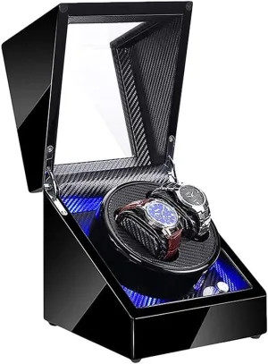Automatic Watch Winder,Double Watch Winder For Automatic Watches With Blue Led Light Black Piano Paint Exterior Ac Adapter And Battery Powered Watch Winder Beautiful Home,Carbon Fiber Black