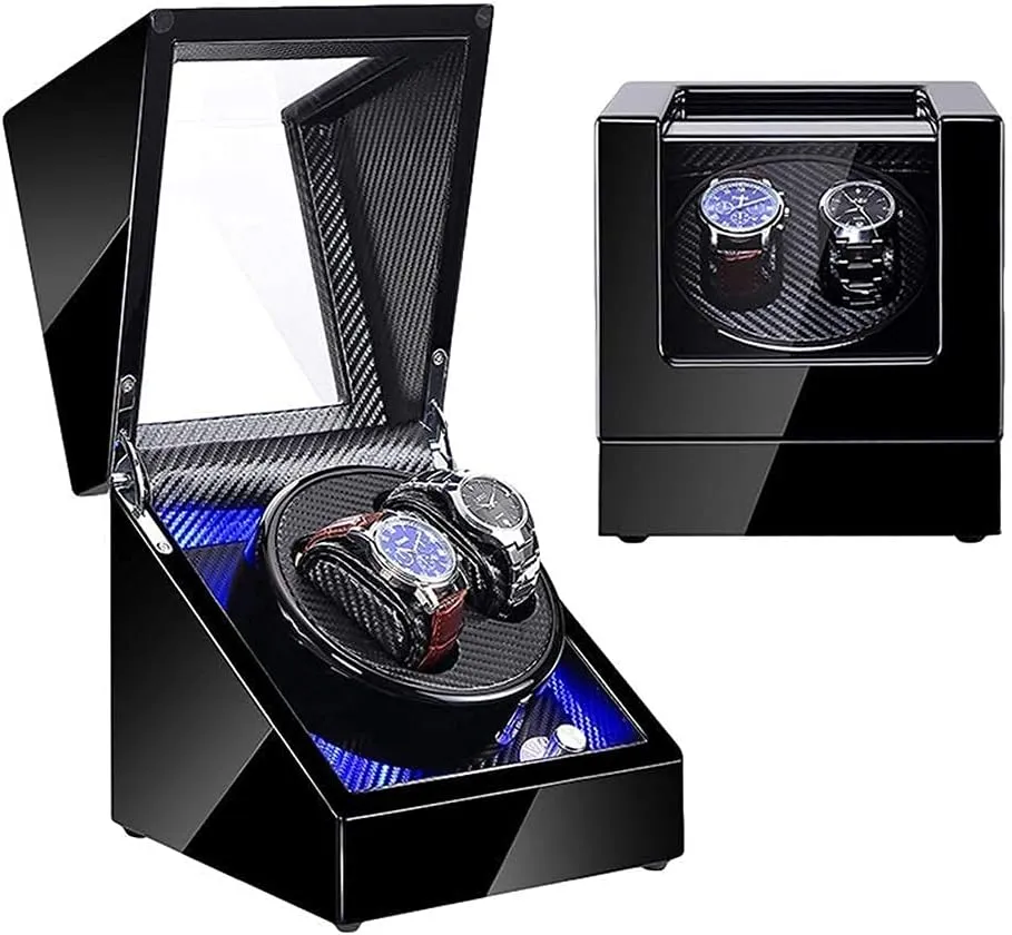 Automatic Watch Winder,Double Watch Winder For Automatic Watches With Blue Led Light Black Piano Paint Exterior Ac Adapter And Battery Powered Watch Winder Beautiful Home,Carbon Fiber Black