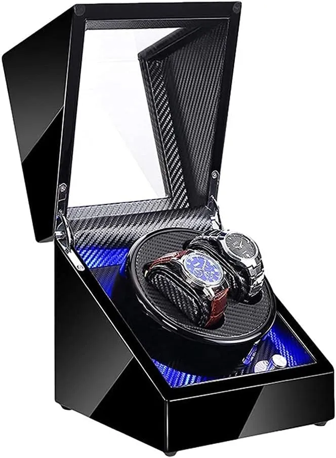 Automatic Watch Winder,Double Watch Winder For Automatic Watches With Blue Led Light Black Piano Paint Exterior Ac Adapter And Battery Powered Watch Winder Beautiful Home,Carbon Fiber Black