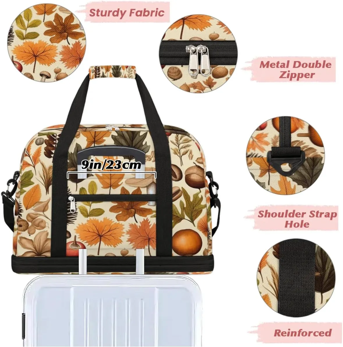 Autumn Maple Leaves Nuts Sports Gym Bag with Shoes Compartment Foldable Travel Duffel Bag Dry Wet Separated Sports Tote Workout Weekender Overnight Bag for Women Yoga Dance Work Training Handbag