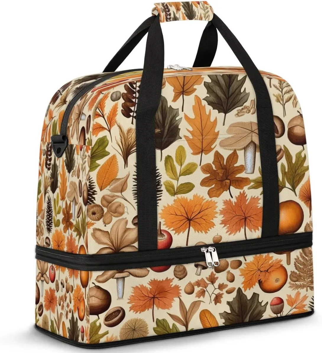 Autumn Maple Leaves Nuts Sports Gym Bag with Shoes Compartment Foldable Travel Duffel Bag Dry Wet Separated Sports Tote Workout Weekender Overnight Bag for Women Yoga Dance Work Training Handbag