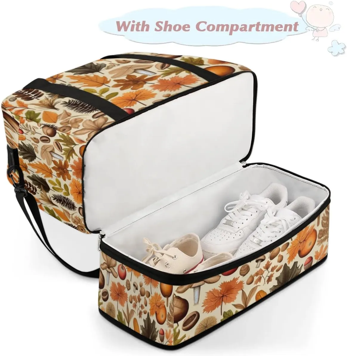 Autumn Maple Leaves Nuts Sports Gym Bag with Shoes Compartment Foldable Travel Duffel Bag Dry Wet Separated Sports Tote Workout Weekender Overnight Bag for Women Yoga Dance Work Training Handbag